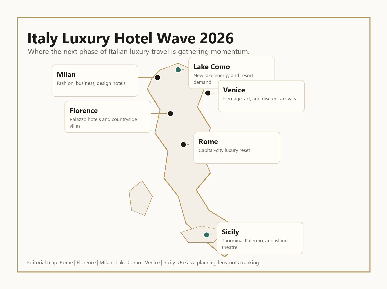 Italy luxury hotel wave 2026 map showing Rome, Florence, Milan, Lake Como, Venice and Sicily