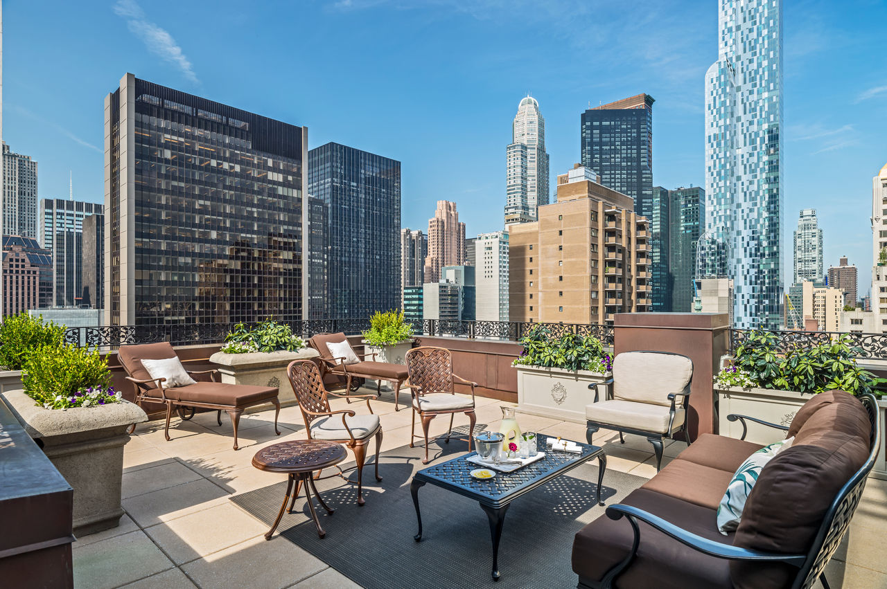 The Plaza Hotel New York top suite terrace with Manhattan skyline views