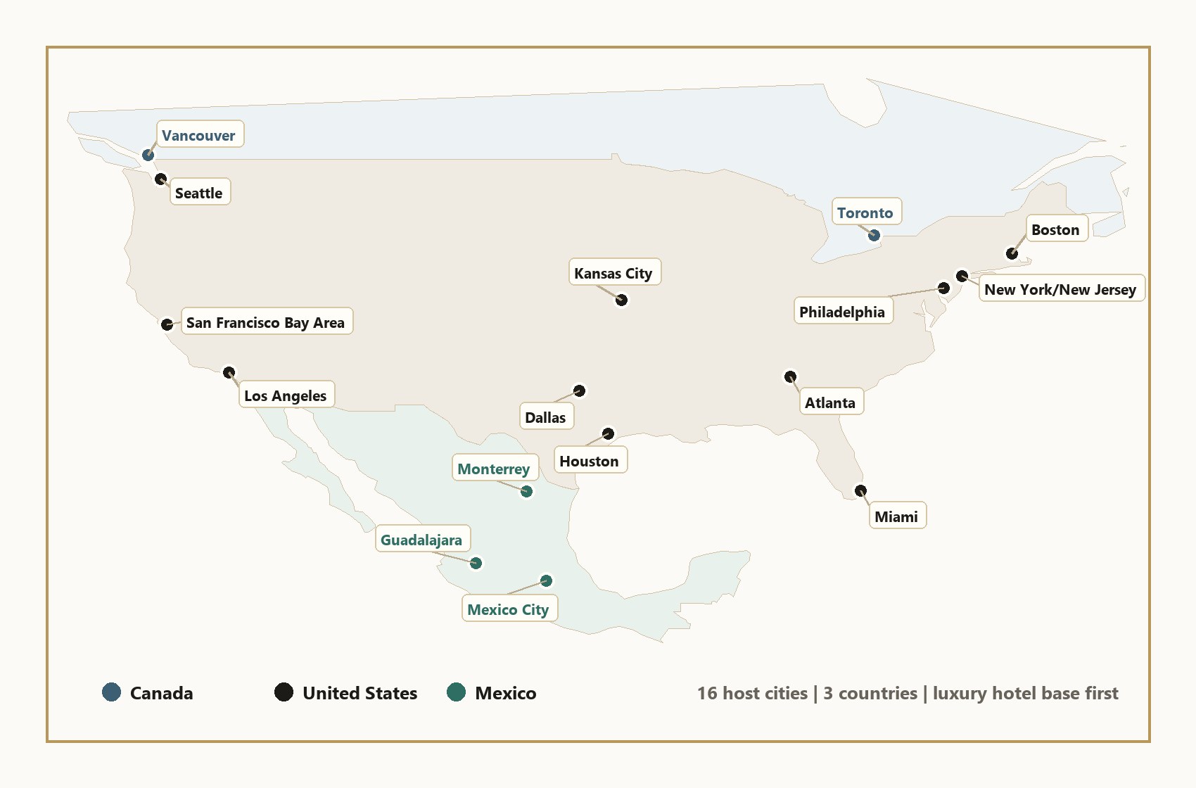Map of World Cup 2026 host cities across Canada, the United States and Mexico