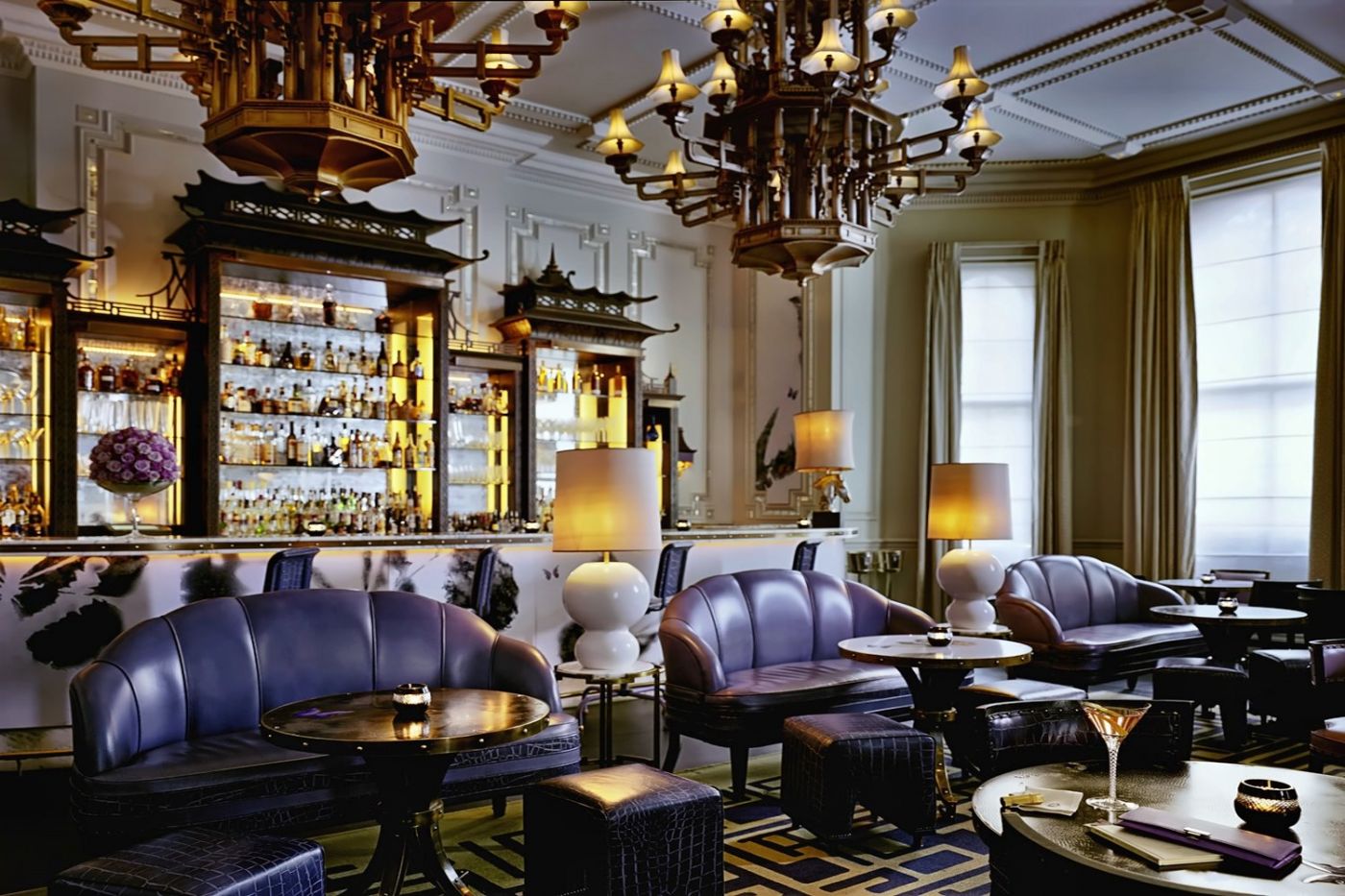 Artesian bar at The Langham London with elegant purple cocktail-bar design