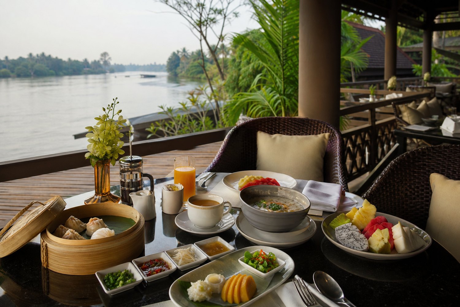 Asian luxury hotel breakfast on a riverside terrace