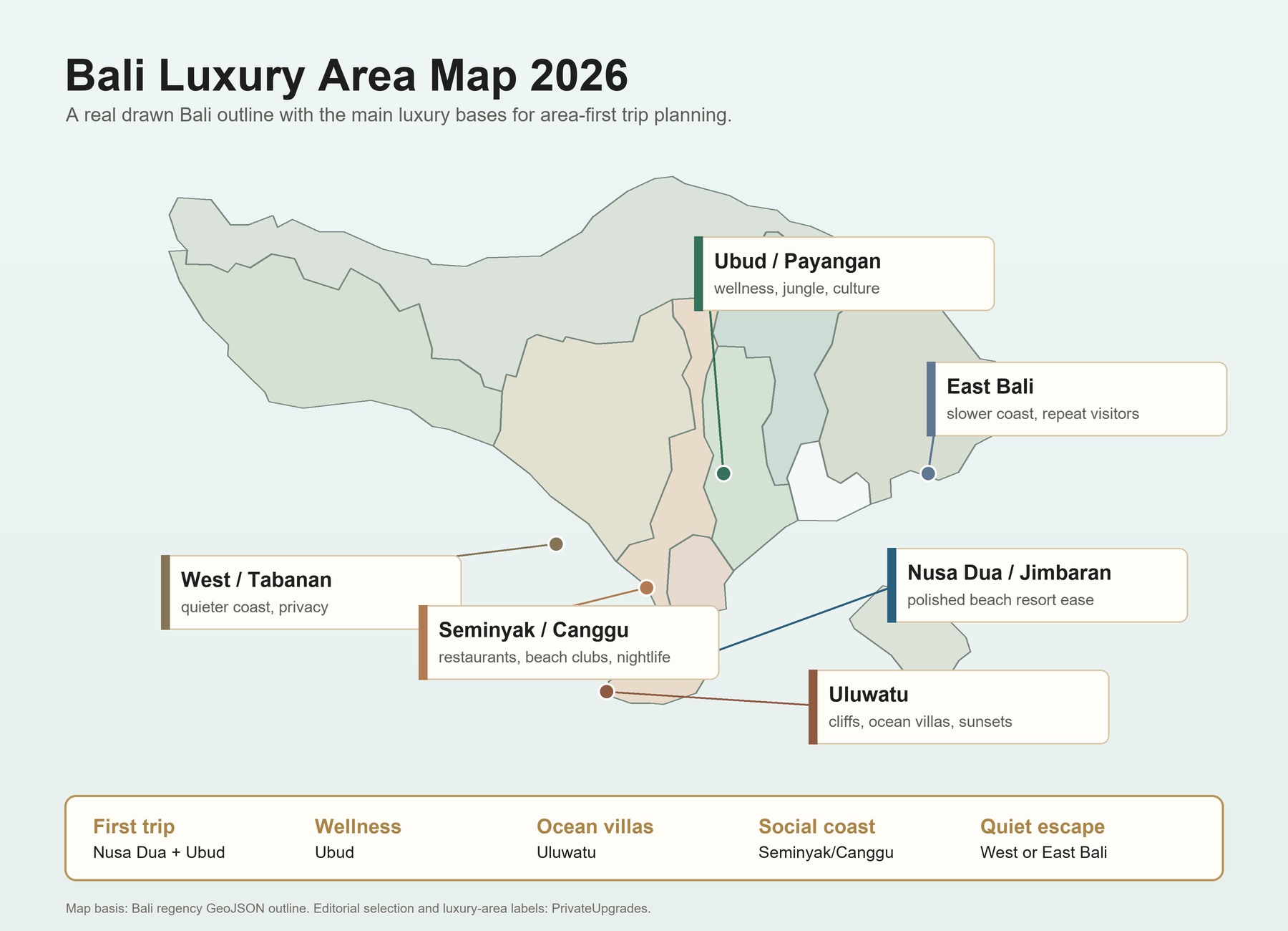 Bali luxury area map with real island outline for Ubud Uluwatu Nusa Dua Jimbaran Seminyak Canggu West Bali and East Bali