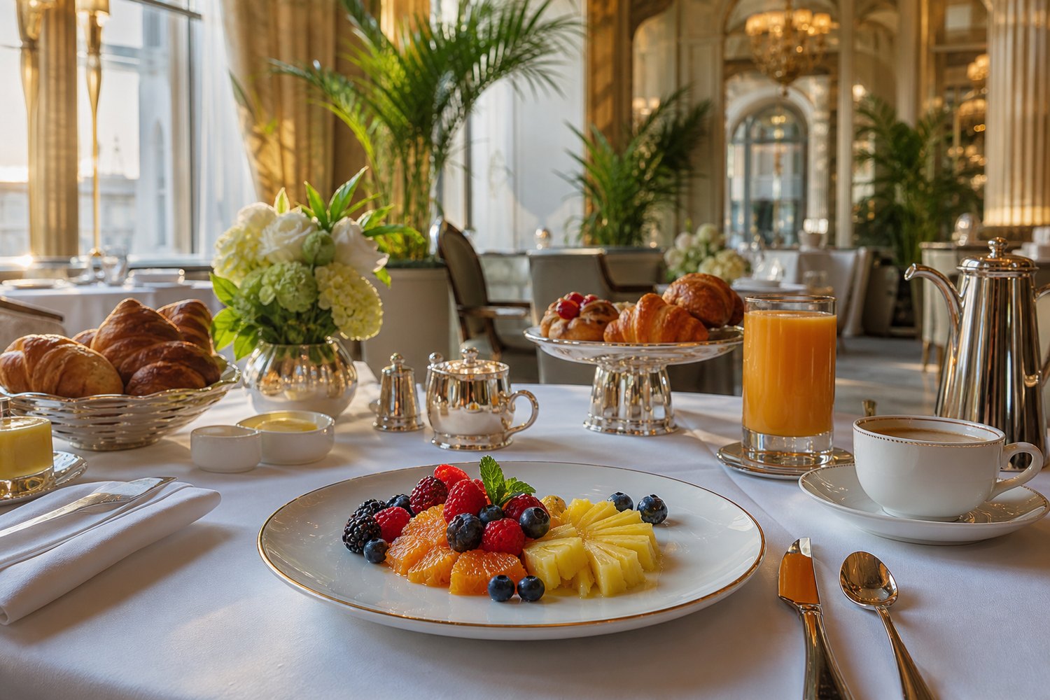 Luxury hotel breakfast with pastries, fruit, coffee and morning light