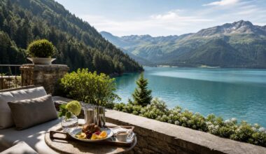 Alpine lake luxury terrace for coolcation summer travel