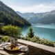 Alpine lake luxury terrace for coolcation summer travel