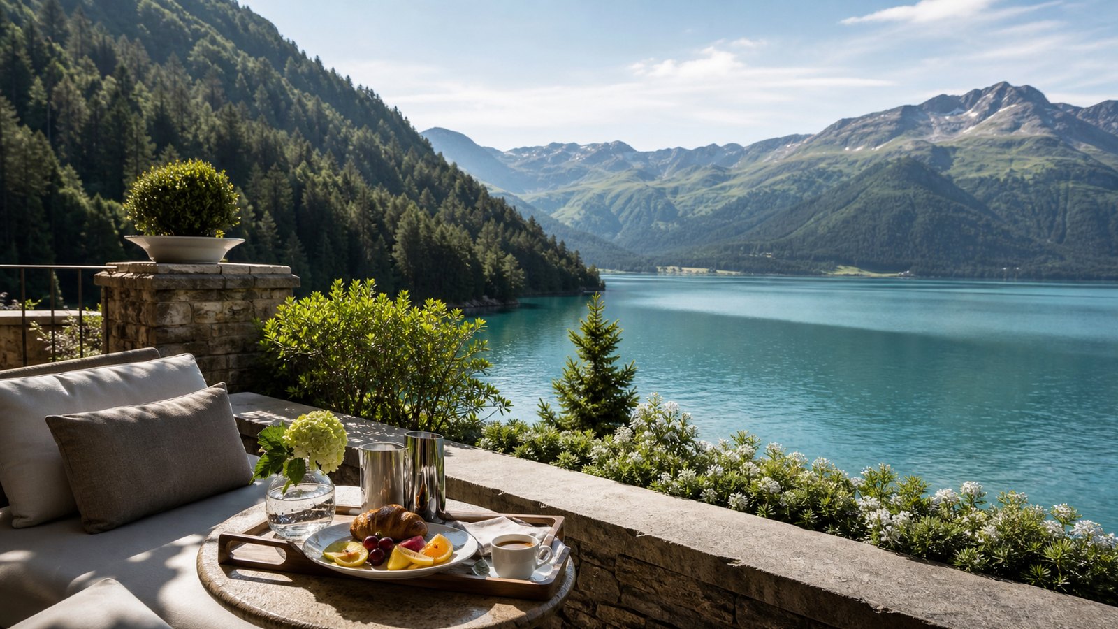 Alpine lake luxury terrace for coolcation summer travel