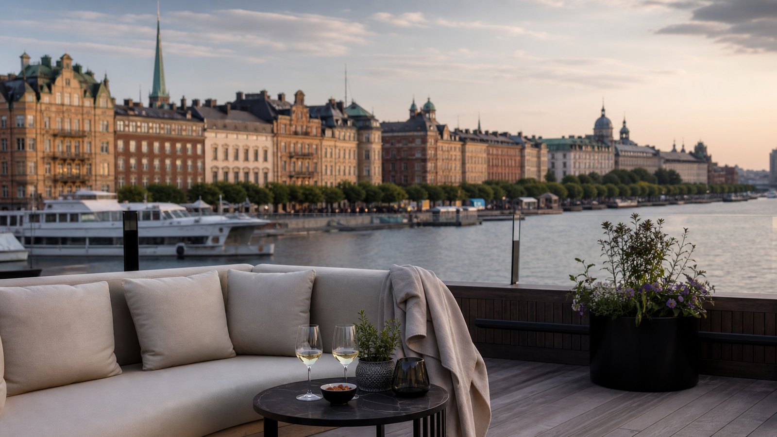 Nordic waterfront luxury terrace for cool summer city travel