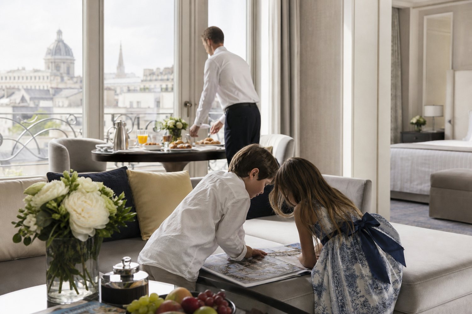 Family-friendly luxury hotel suite with children and breakfast setup