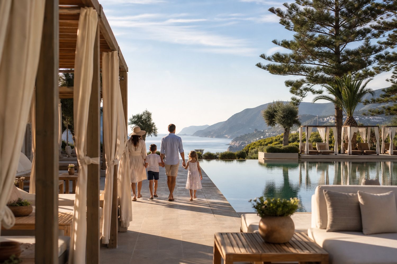 Family-friendly luxury resort pool terrace with parents and children