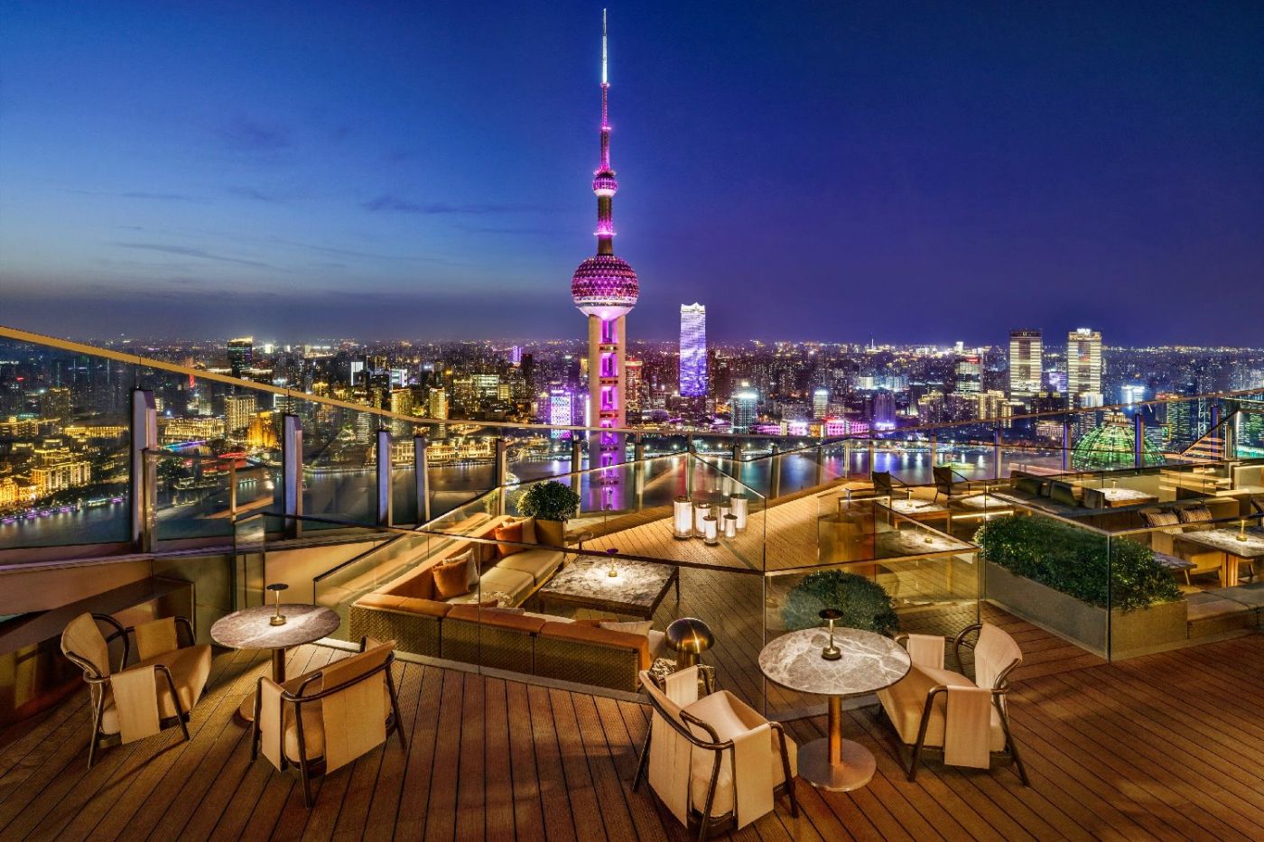 Flair rooftop bar at The Ritz-Carlton Shanghai Pudong with Oriental Pearl Tower views
