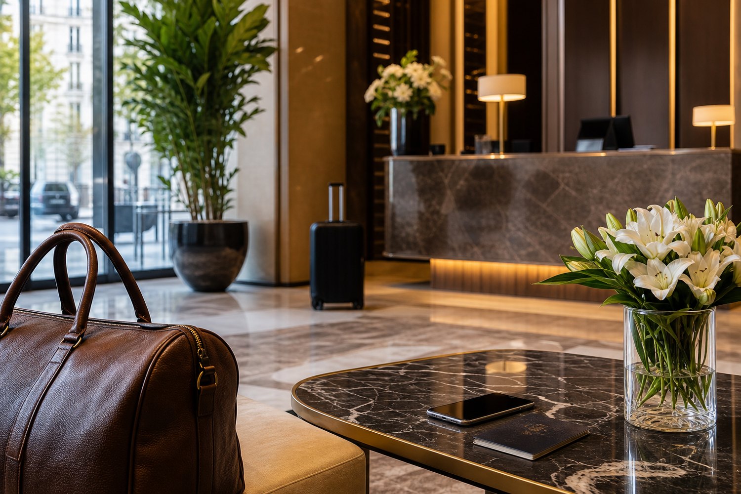 Luxury hotel lobby arrival scene for last-minute hotel booking guide