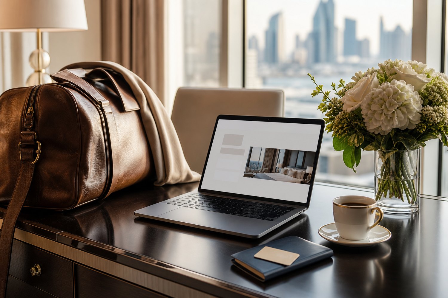 Last-minute luxury hotel booking with travel bag and city view