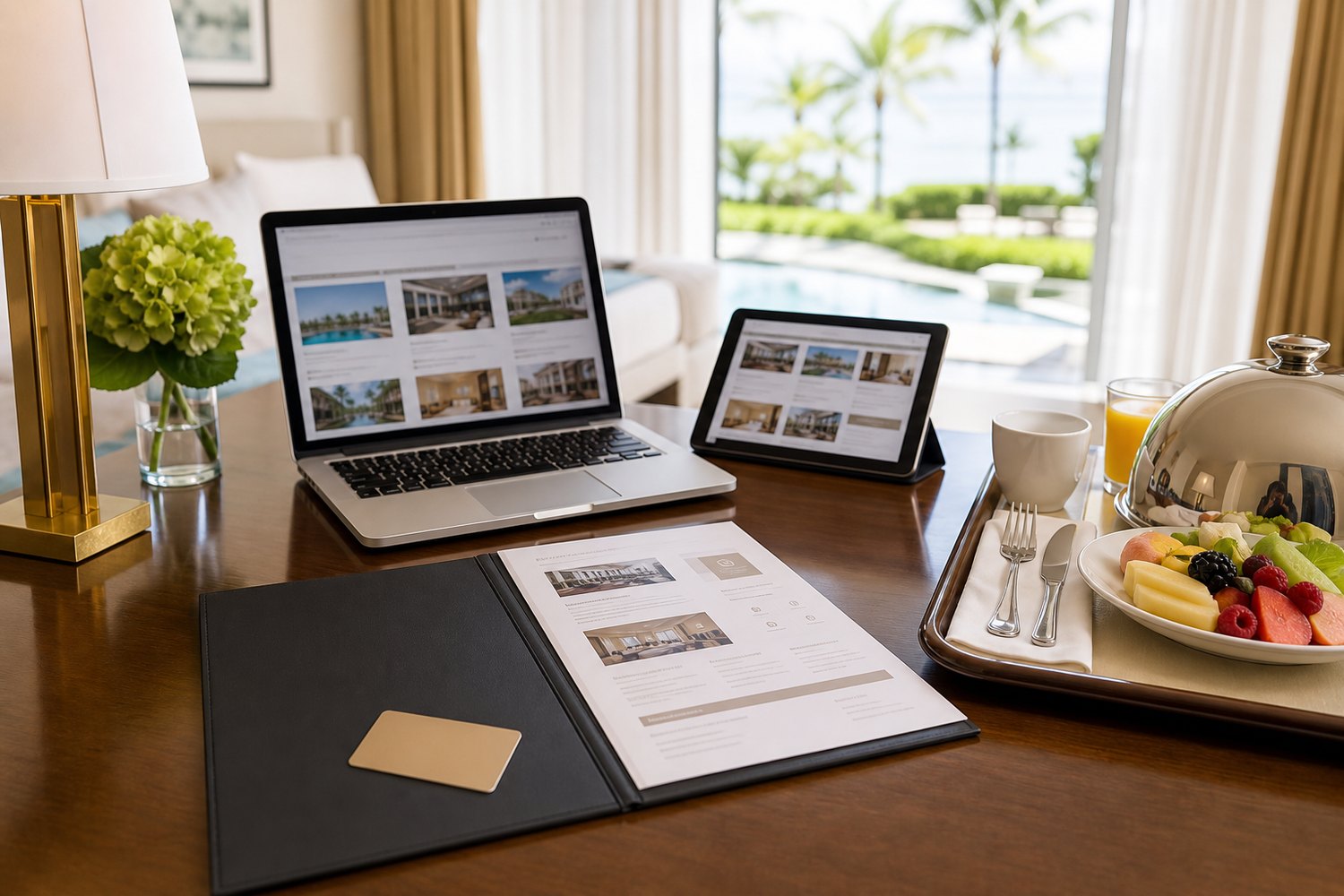 Luxury hotel booking benefits comparison with breakfast tray and devices