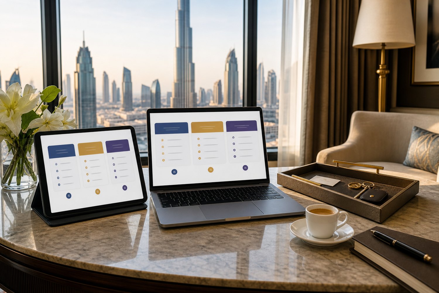 Luxury hotel booking comparison desk with abstract benefit cards