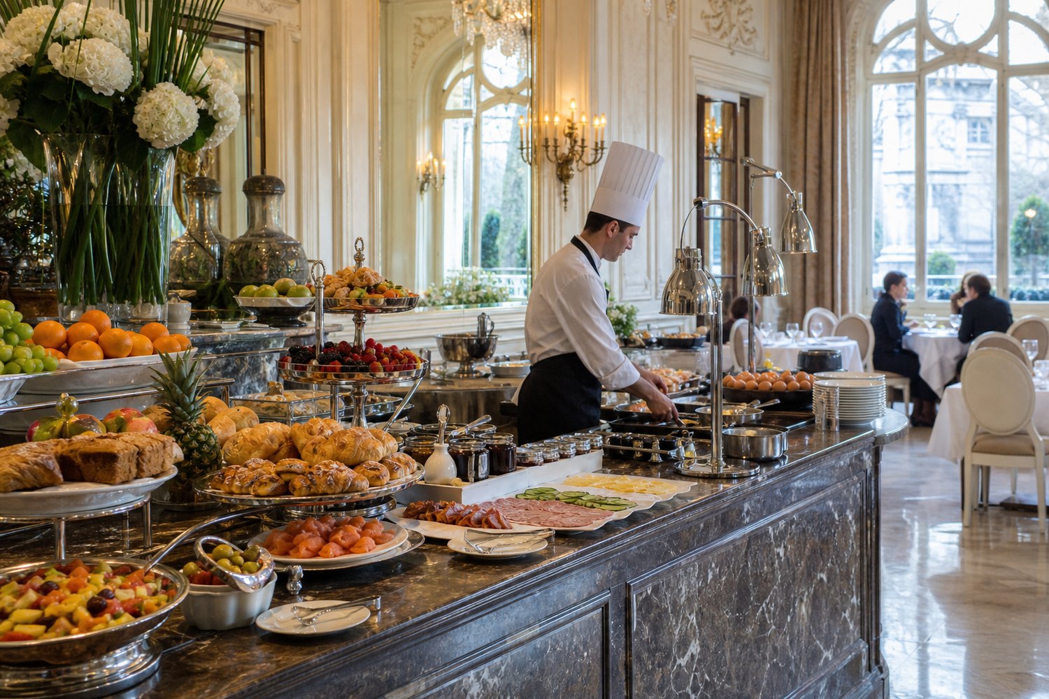 Luxury hotel breakfast buffet in an elegant dining room