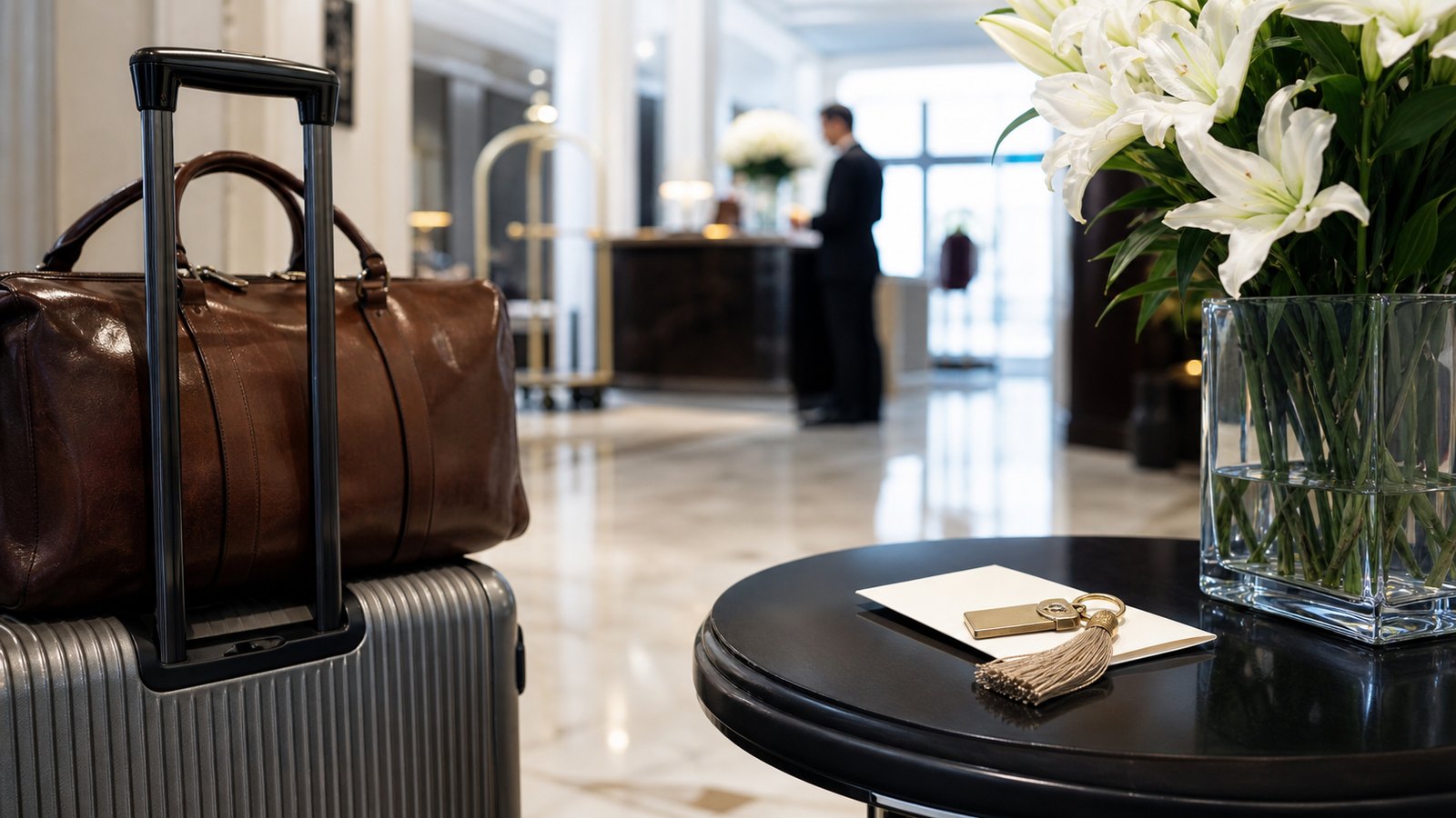 Luxury hotel private arrival with luggage and prepared key envelope