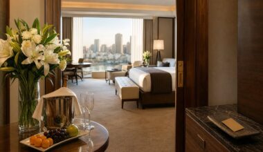 Luxury hotel suite arrival scene for room upgrade guide