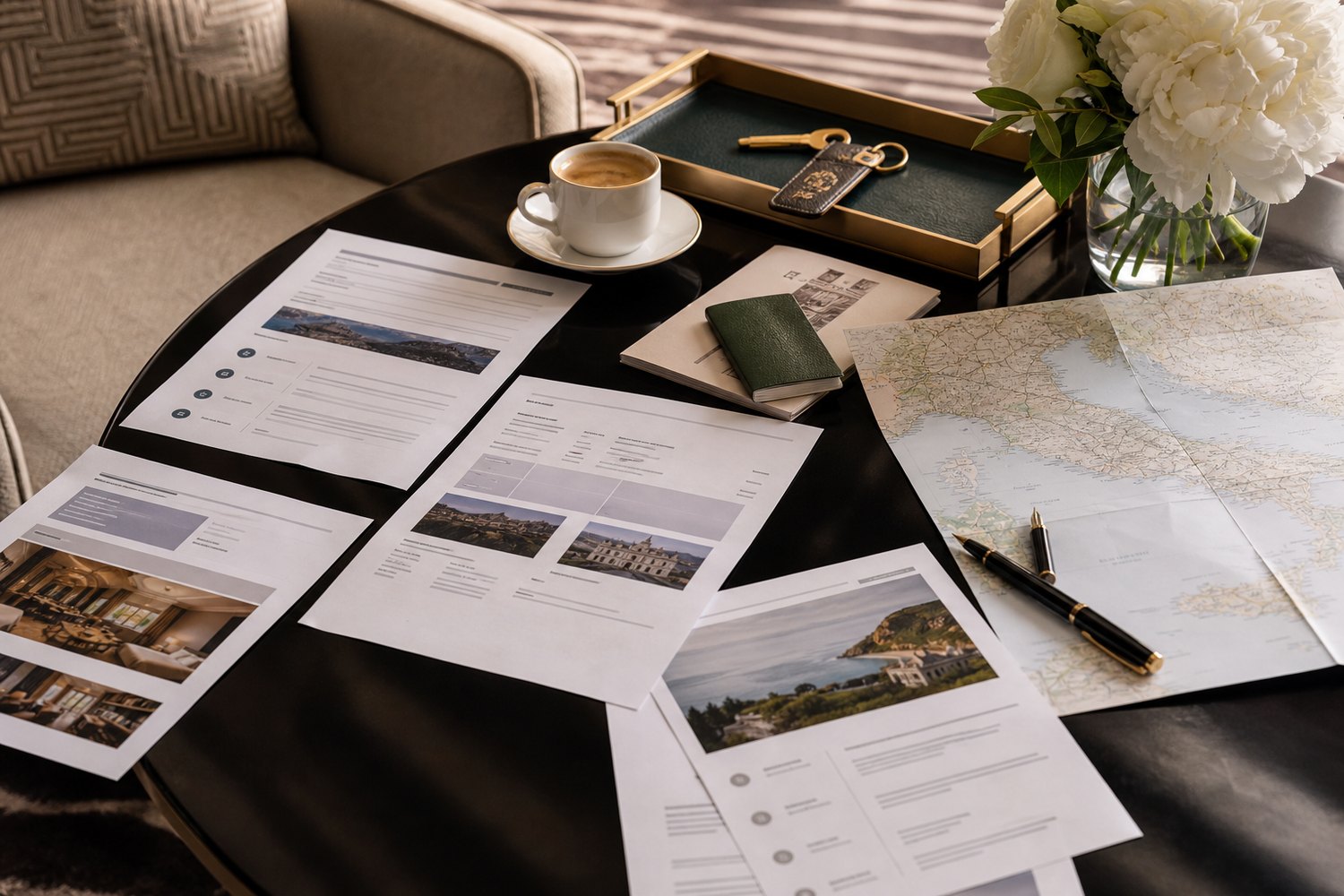 Luxury travel designer planning table with itinerary pages and map