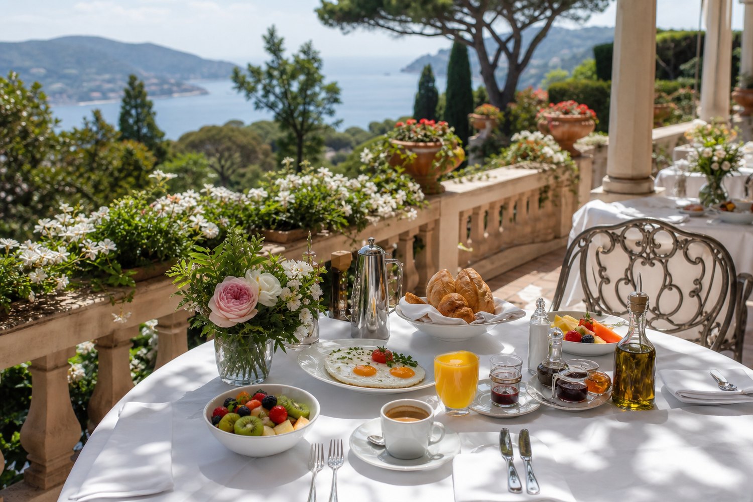 Luxury hotel breakfast on a sunny garden terrace