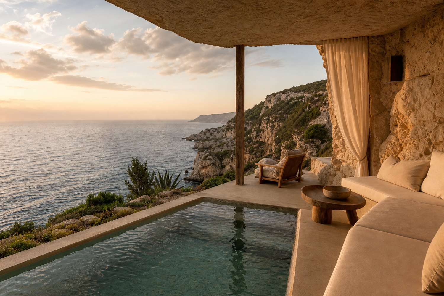 Open-air cliffside luxury hotel suite with private plunge pool and ocean view