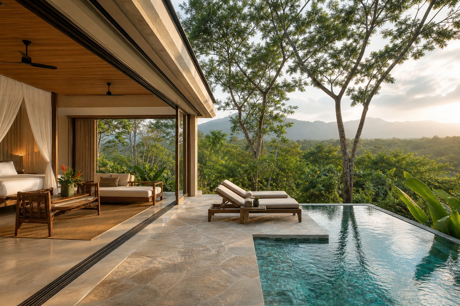 Open-air luxury hotel villa with private pool and nature view