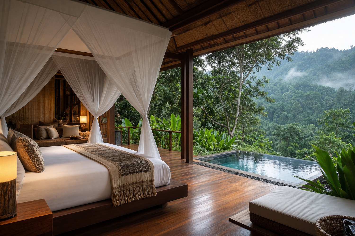 Open-air tropical luxury hotel bedroom pavilion with private pool and forest view