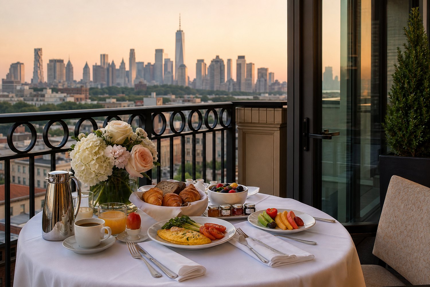 Private balcony breakfast with city skyline view