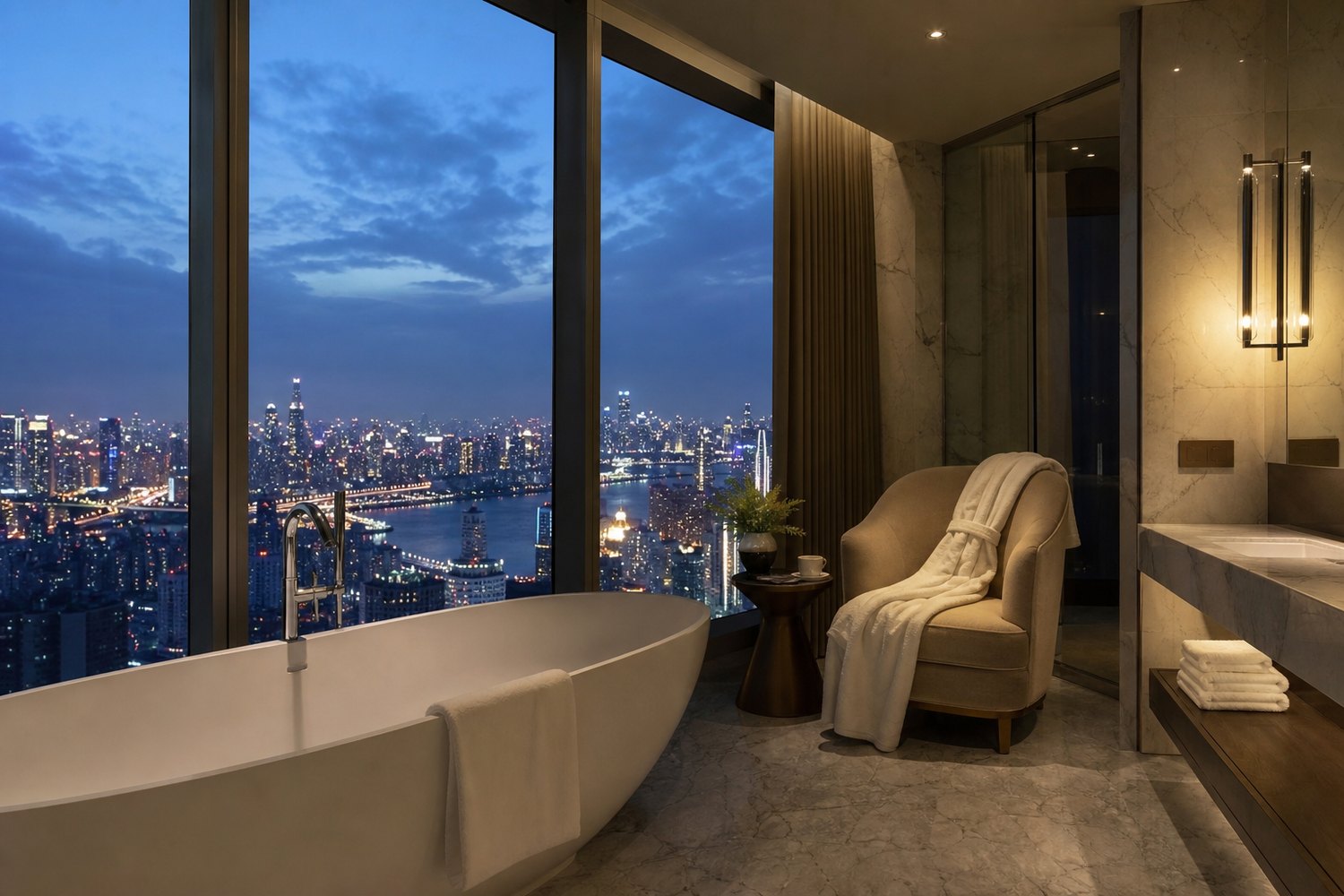 High-floor luxury hotel bathroom with skyline view at blue hour