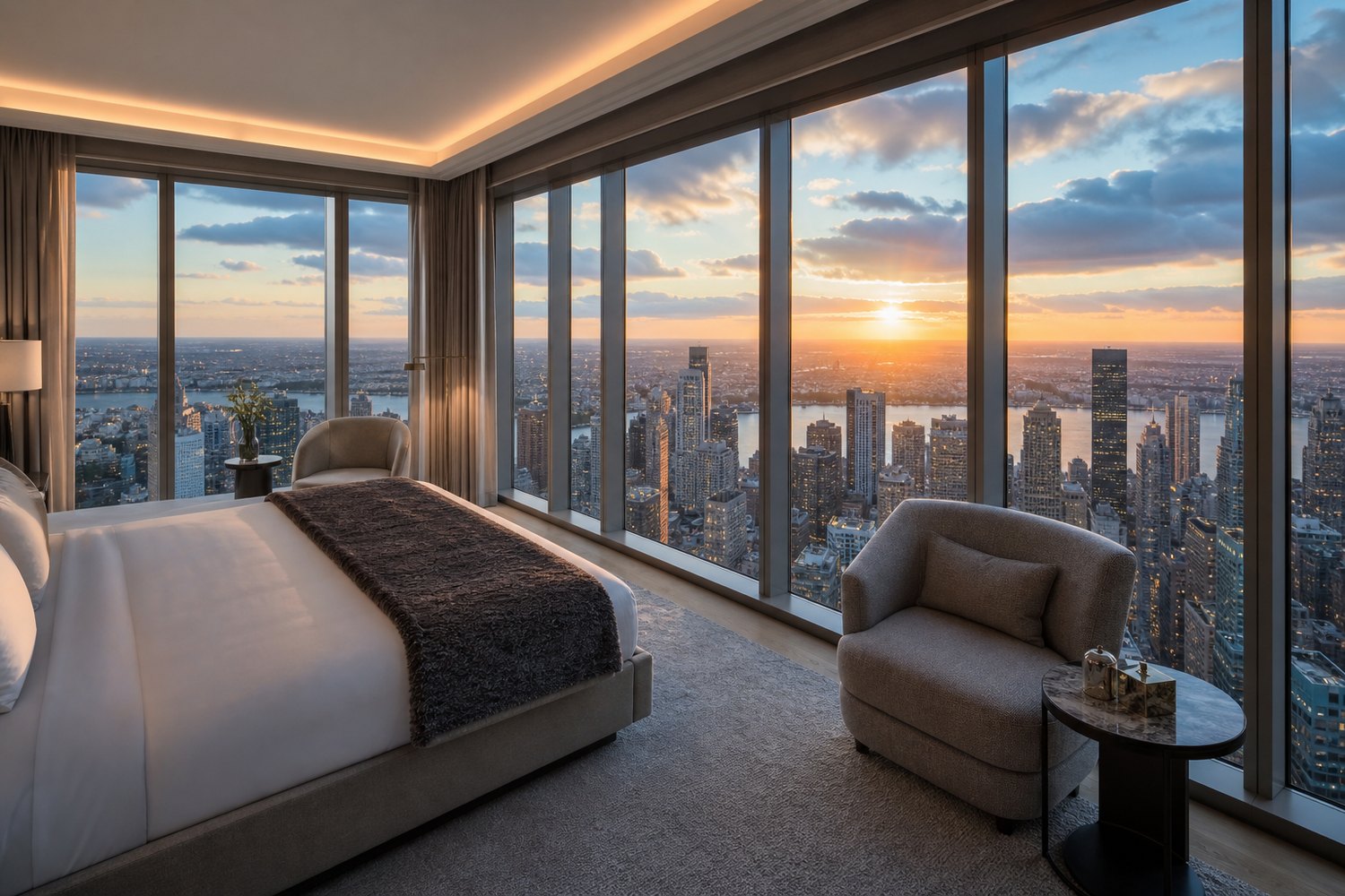 High-floor luxury hotel room with skyline view at golden hour