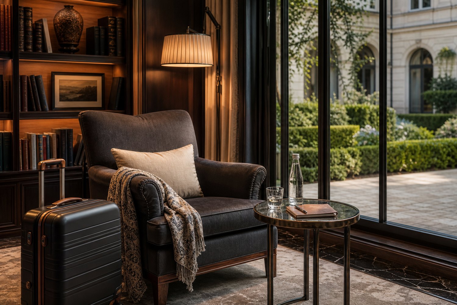 Solo luxury travel hotel library lounge with suitcase and garden view