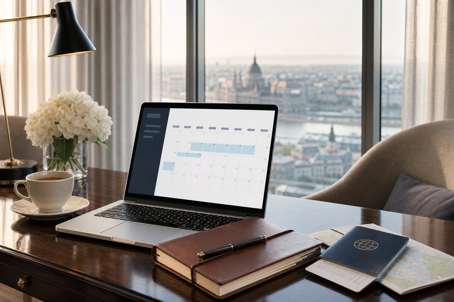 Luxury travel planning desk for Travel Tuesday hotel booking timing