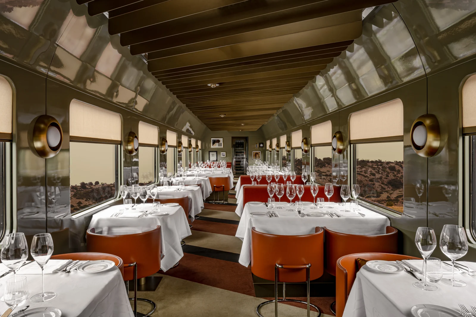 Restaurant car aboard La Dolce Vita Orient Express in Italy