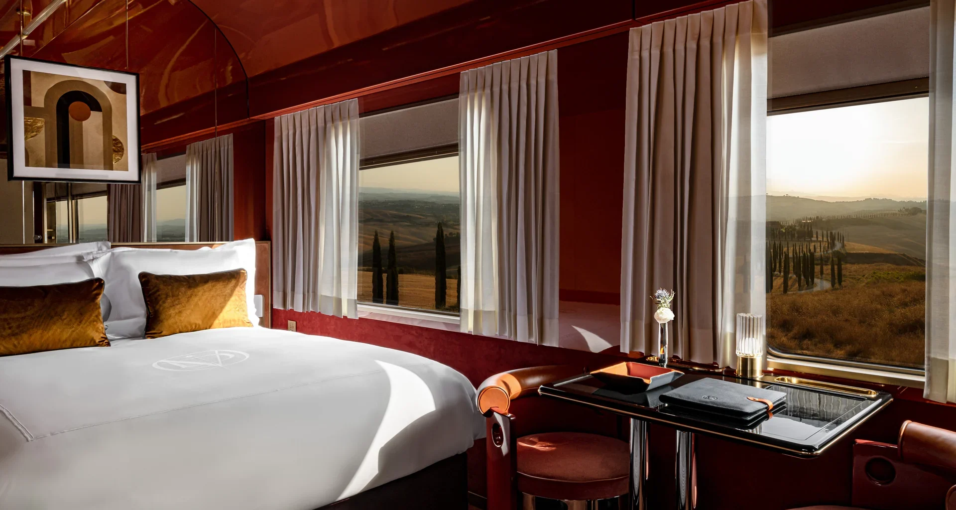 La Dolce Vita Orient Express suite with views across the Tuscan countryside