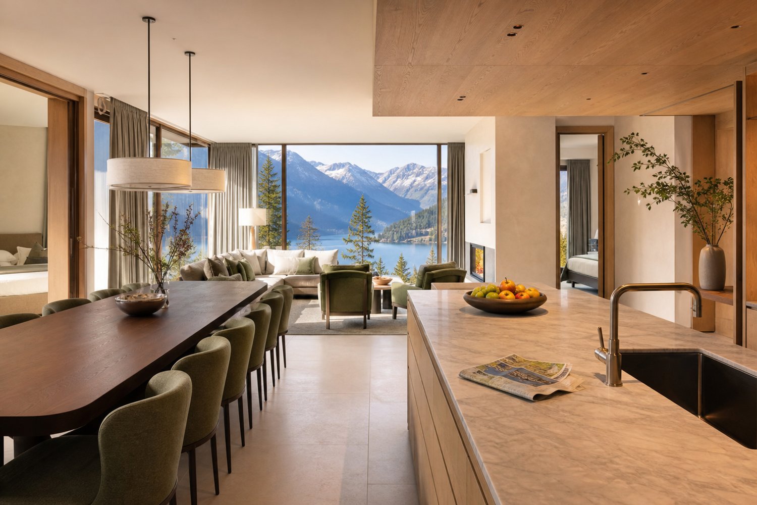 Luxury hotel residence with a full kitchen, dining table and separate bedrooms
