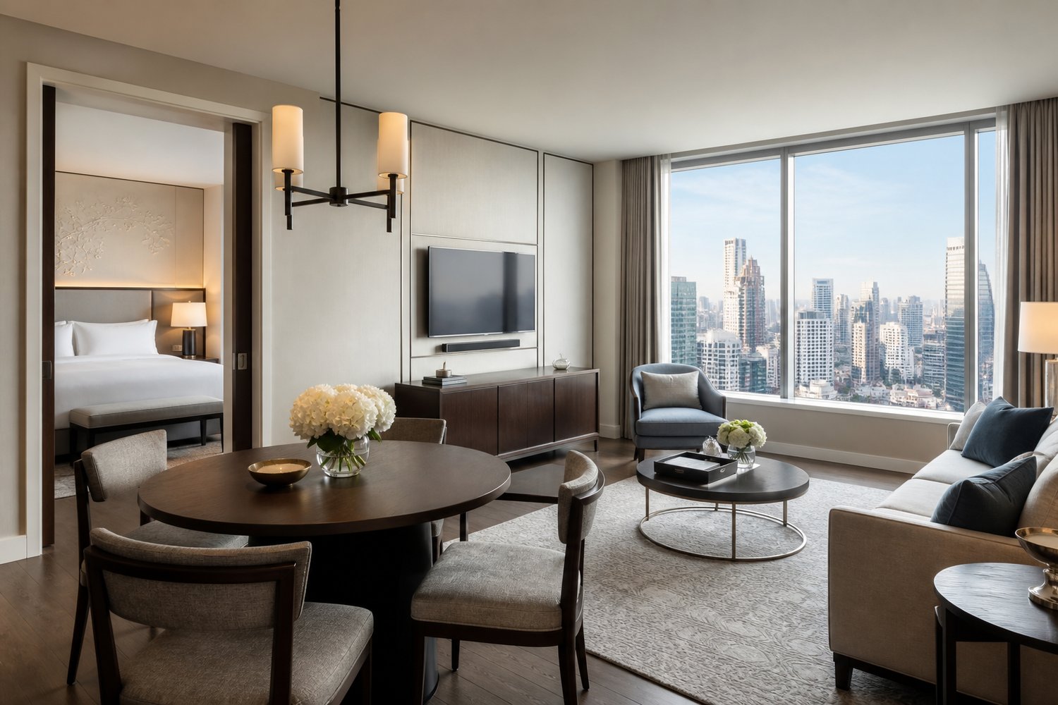 Luxury hotel suite with a separate bedroom and city view