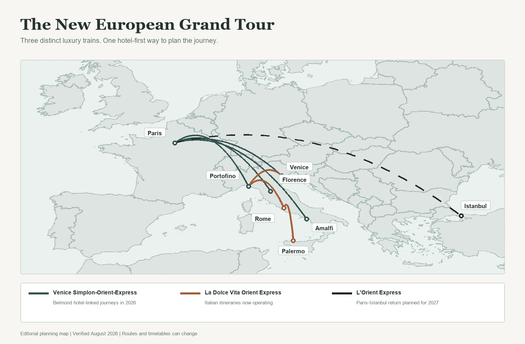 Map of luxury train travel in Europe linking Paris, Italy and Istanbul
