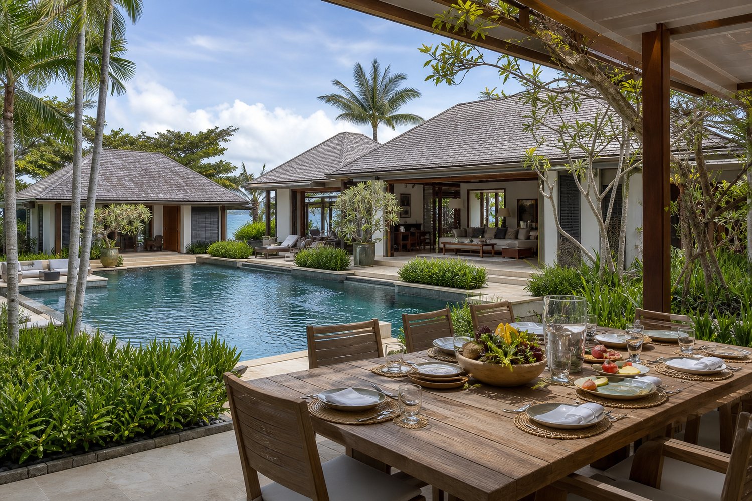 Private luxury resort villa with a pool and outdoor dining area