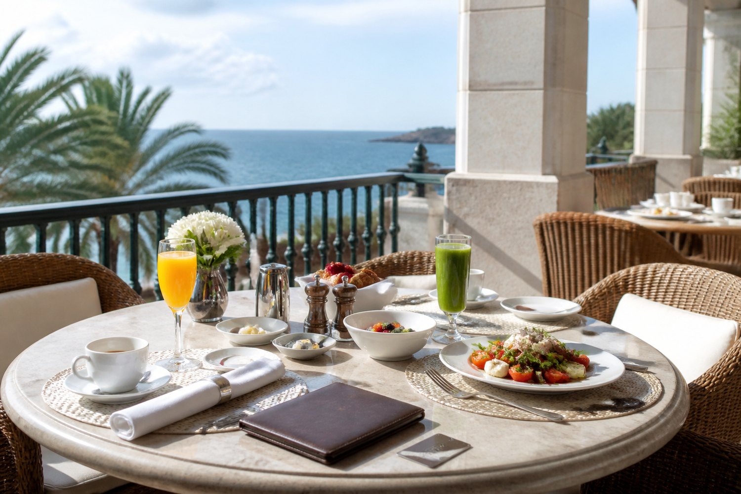 Luxury hotel terrace breakfast illustrating how hotel credit works