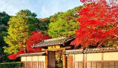Traditional Japanese ryokan entrance surrounded by autumn maple trees