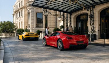 Ferrari and Lamborghini arriving at a luxury hotel in daylight