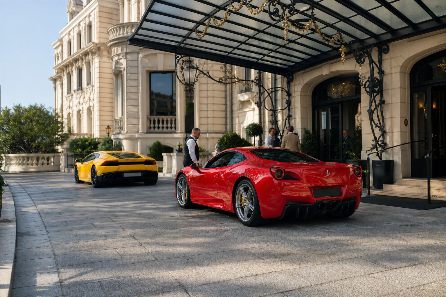 Ferrari and Lamborghini arriving at a luxury hotel in daylight