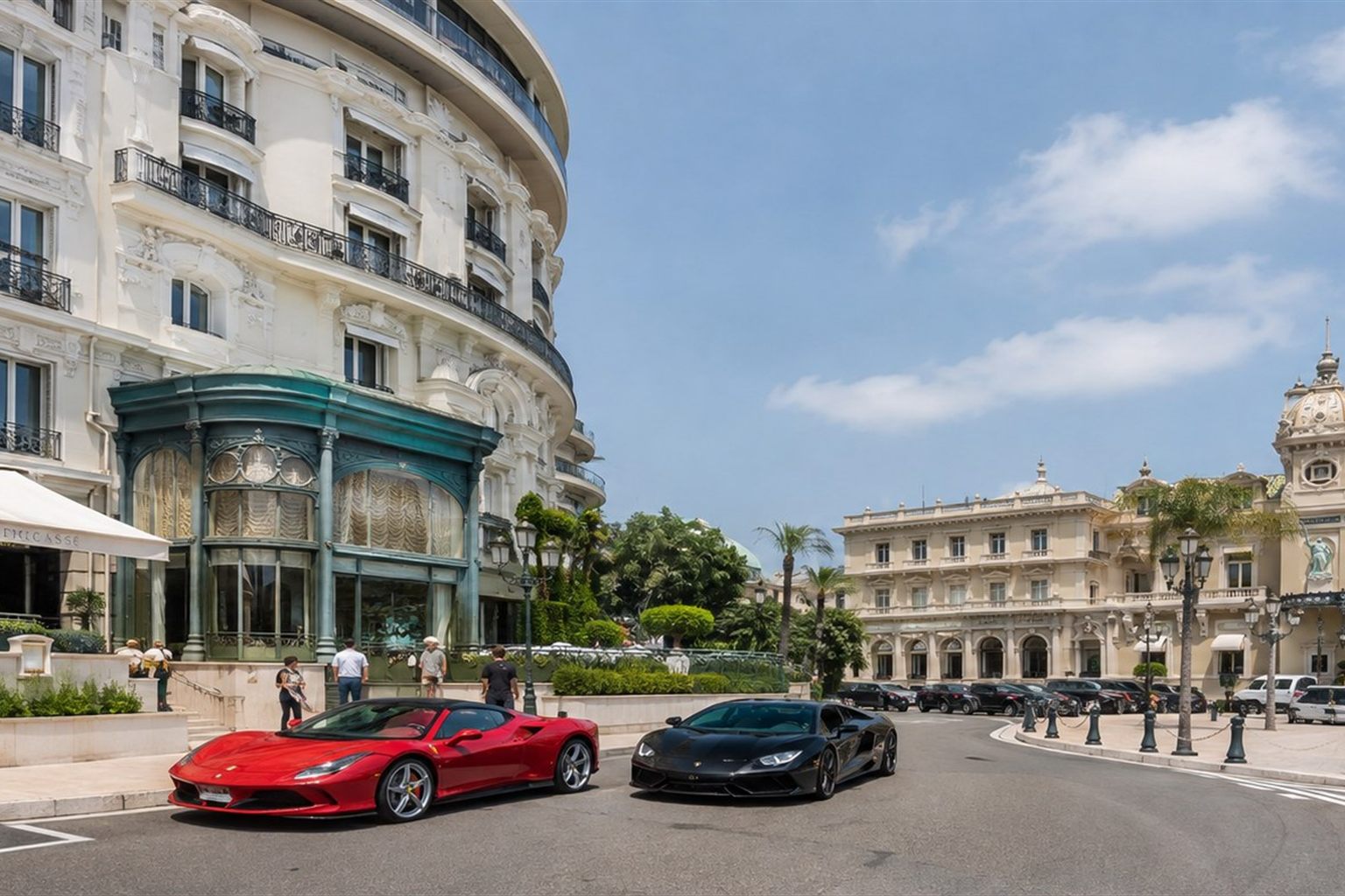 Ferrari and Lamborghini outside Hôtel de Paris Monte-Carlo in daylight