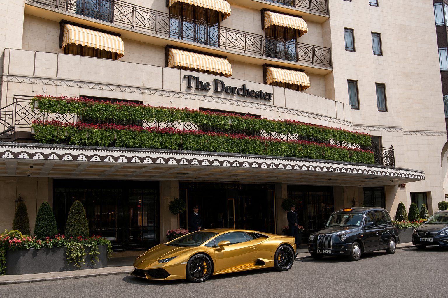 Gold Lamborghini outside The Dorchester on Park Lane in daylight