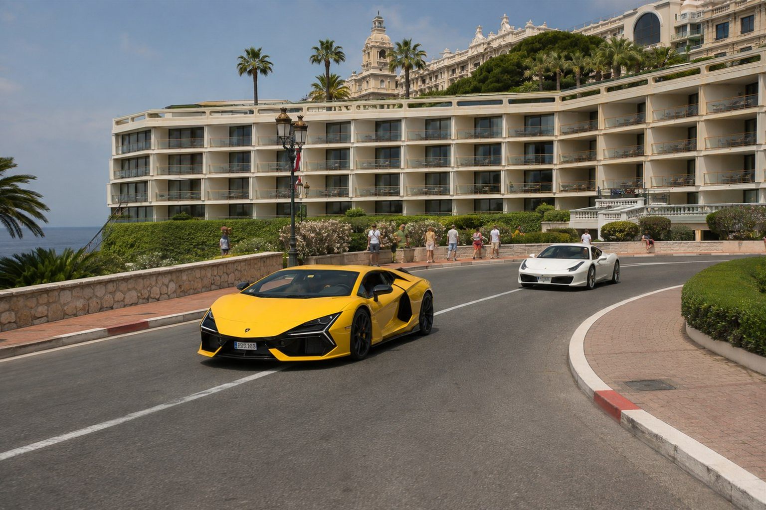 Lamborghini and Ferrari on the Fairmont Monte Carlo hairpin