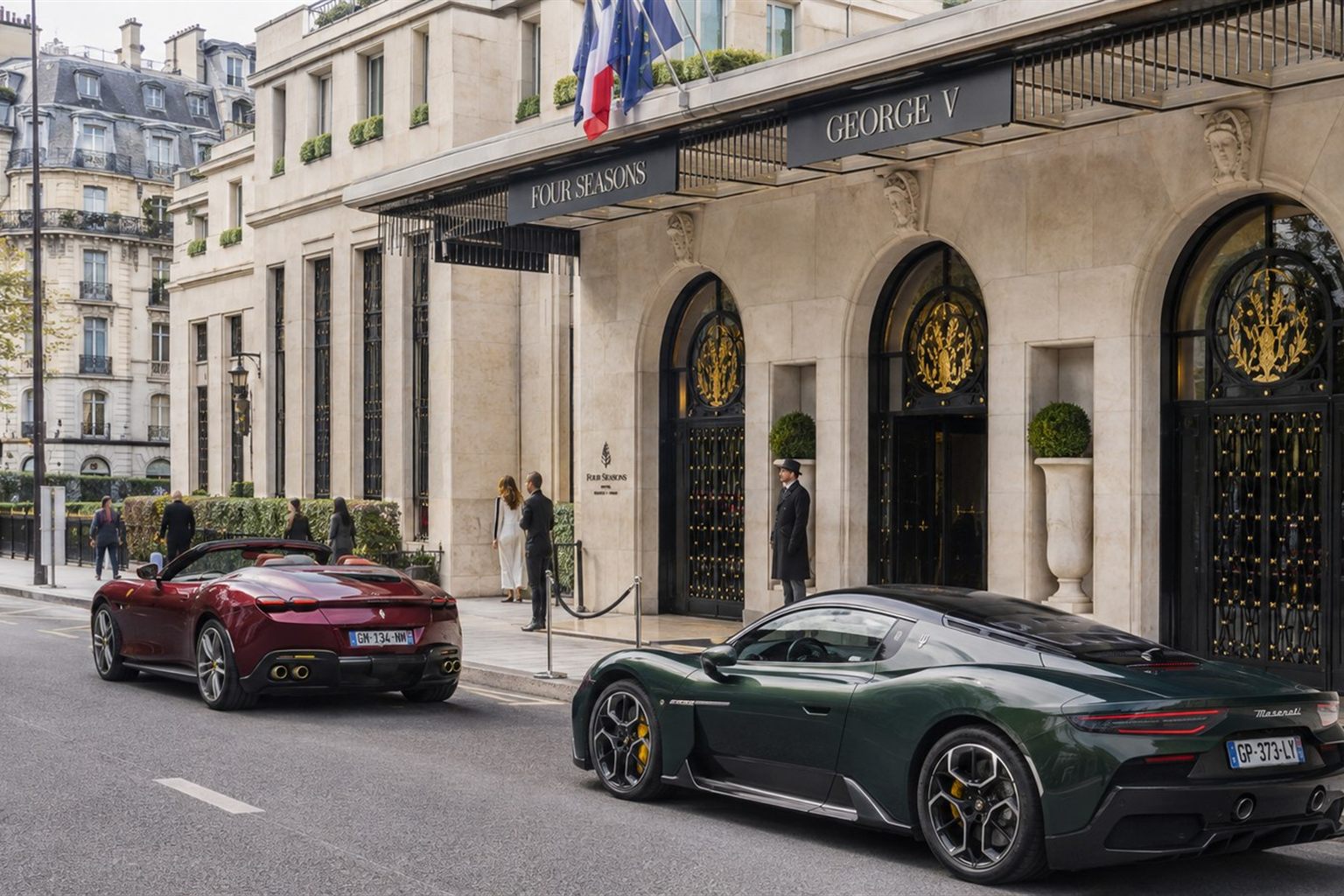 Ferrari and Maserati outside Four Seasons Hotel George V Paris
