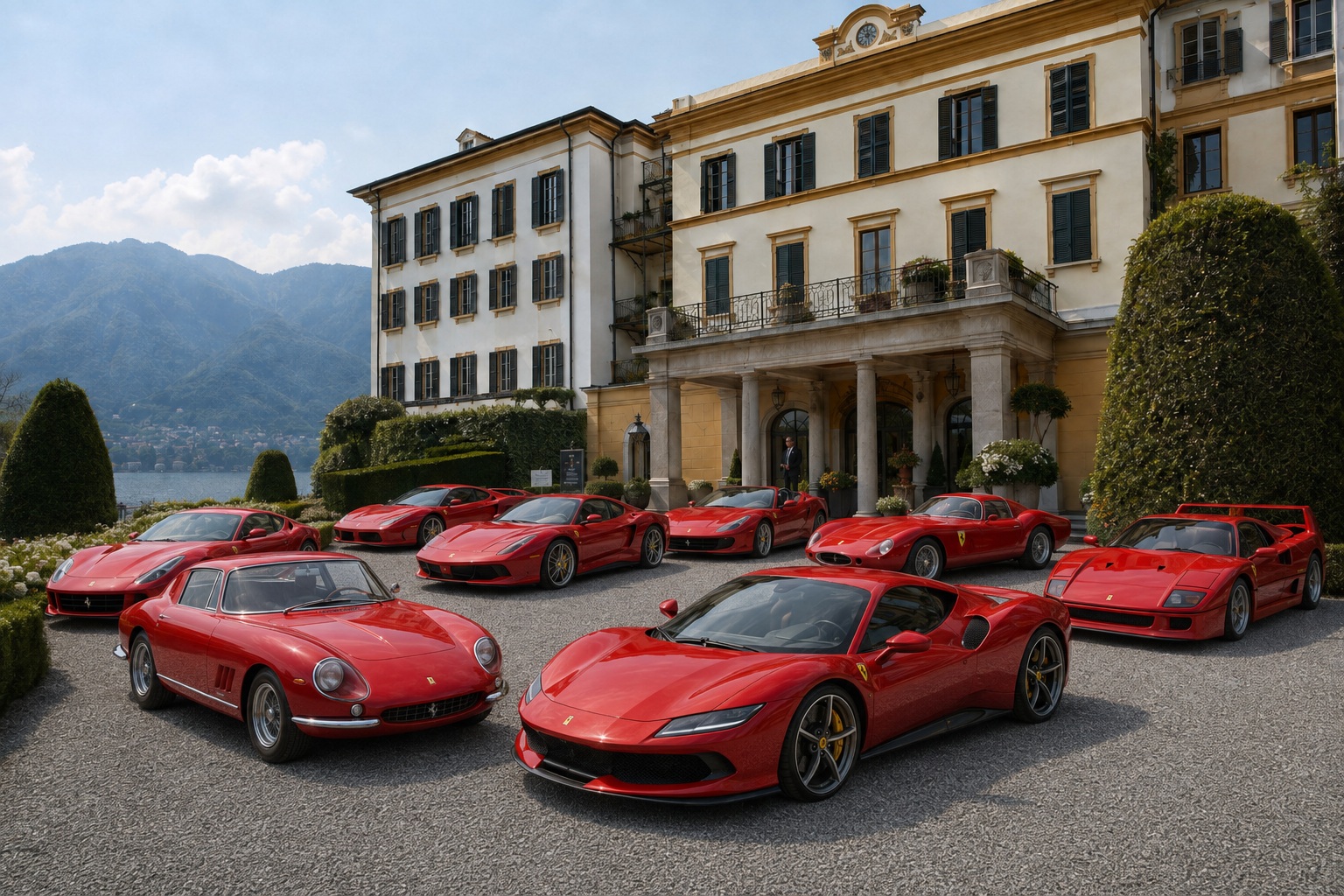 Eight red Ferraris displayed outside Villa d’Este on Lake Como in daylight