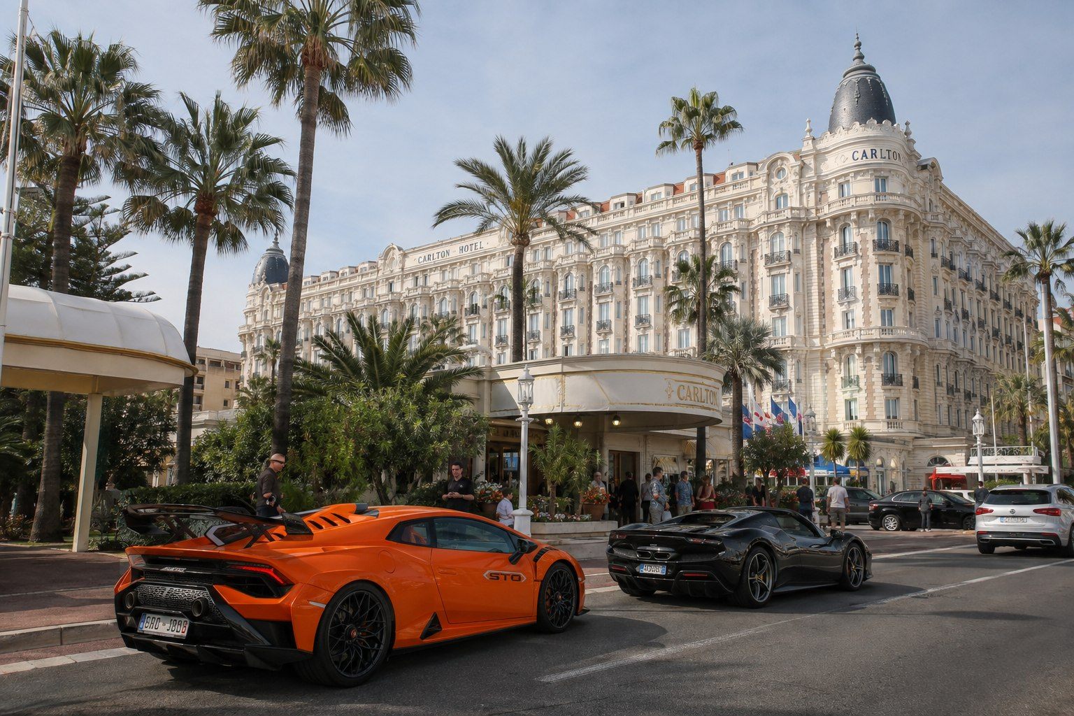Lamborghini and Ferrari outside Carlton Cannes