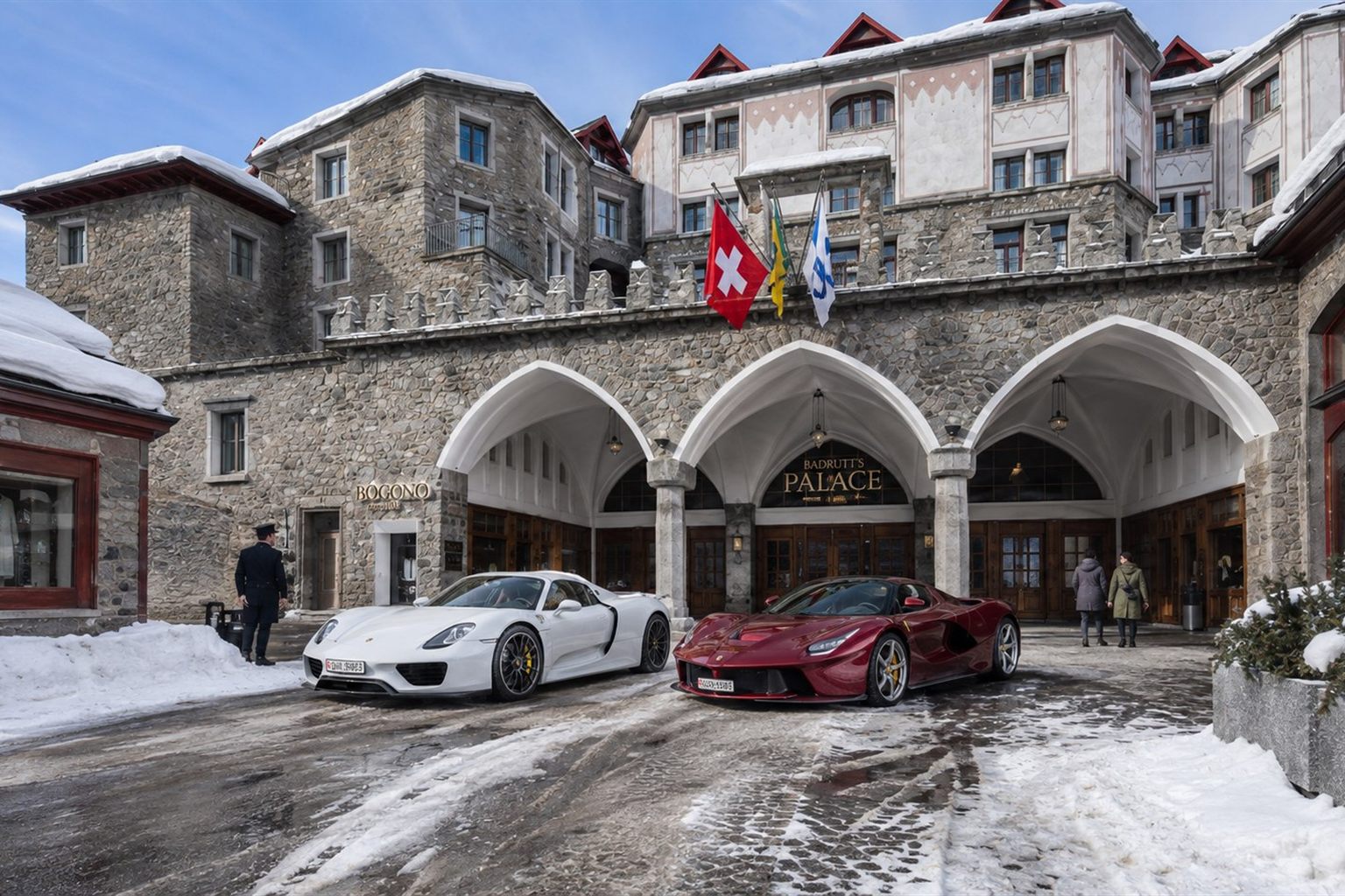 Porsche and Ferrari outside Badrutt’s Palace Hotel in St. Moritz