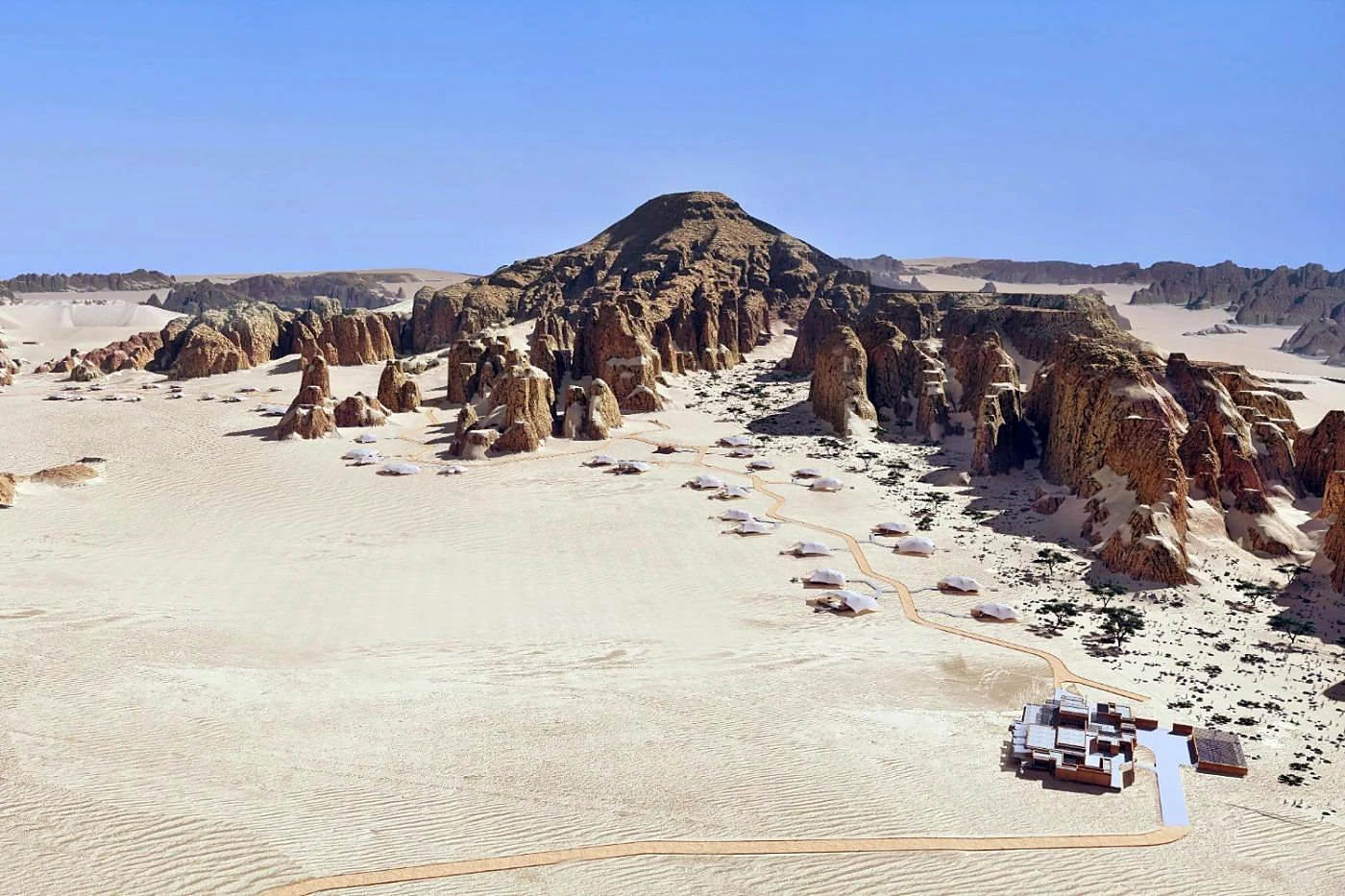 Aerial view of Banyan Tree AlUla villas among sandstone formations in Ashar Valley