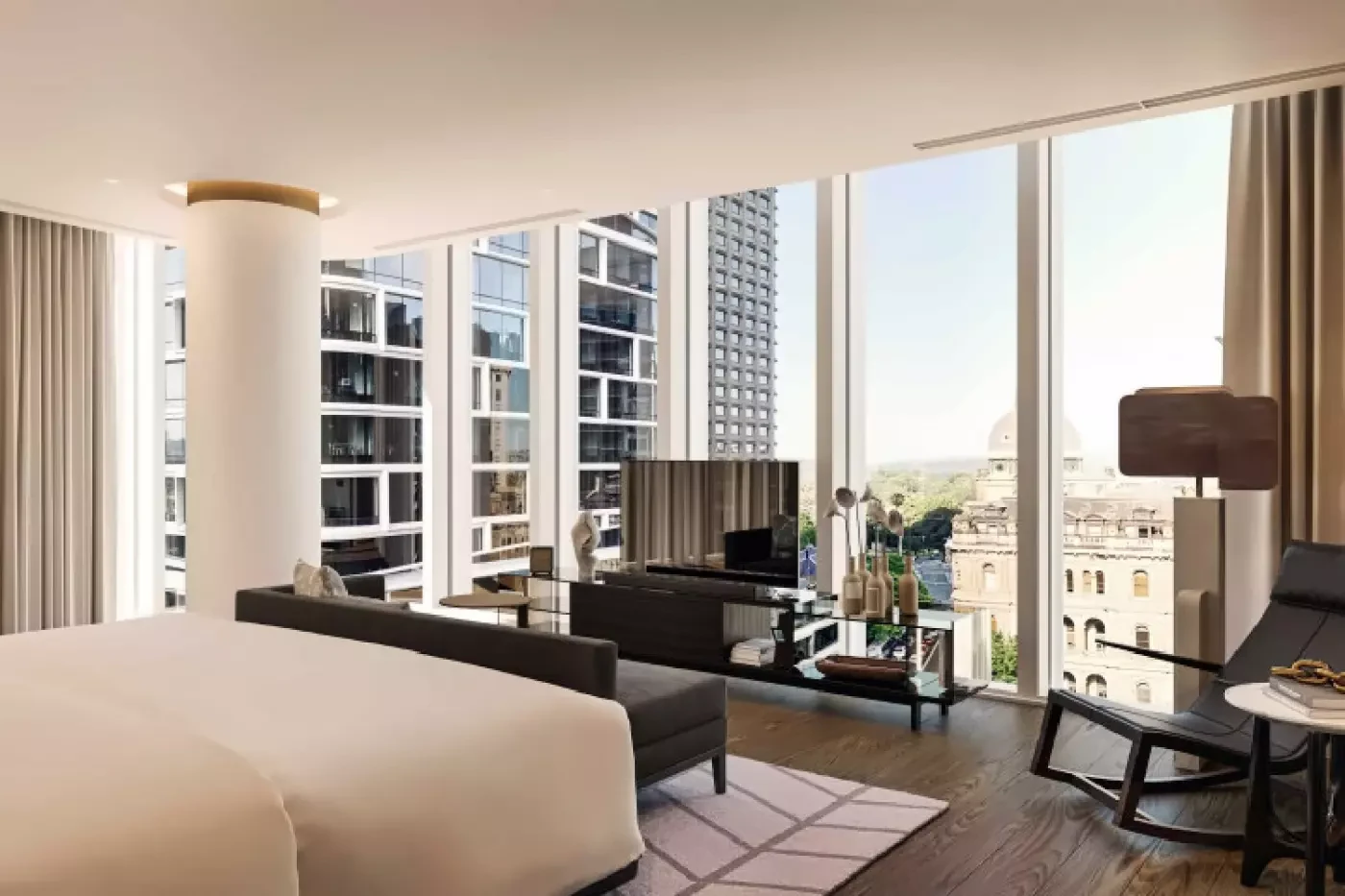 Capella Sydney bedroom with floor-to-ceiling windows overlooking the city